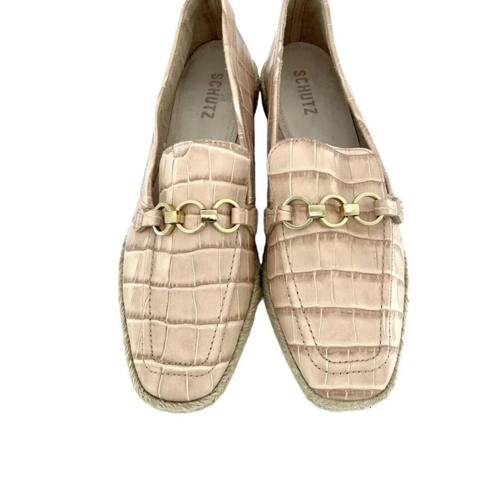 Schutz Women's Loafers Patty Crocodile Embossed Pink Leather Flats SZ 9 NEW